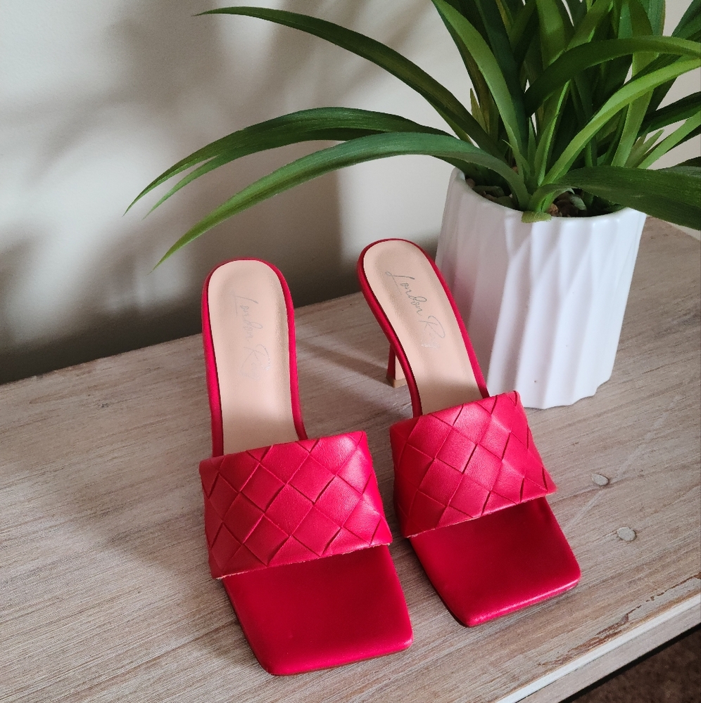 ❤️LONDON RAG Carmen High Heeled Woven Square Toe Dress Mules Sandal Red Size 8